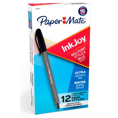 Picture of Paper Mate InkJoy 100 Stick Pens, Medium Point, 1.0 mm, Translucent Black Barrels, Black Ink, Pack Of 12 Pens