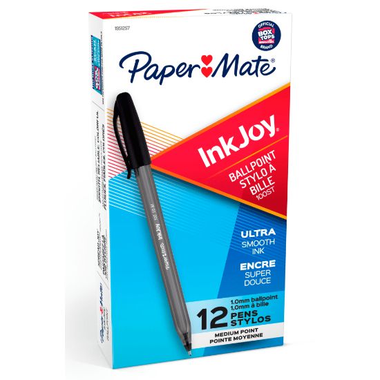 Picture of Paper Mate InkJoy 100 Stick Pens, Medium Point, 1.0 mm, Translucent Black Barrels, Black Ink, Pack Of 12 Pens