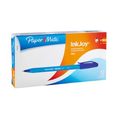 Picture of Paper Mate InkJoy 100 Stick Pens, Medium Point, 1.0 mm, Translucent Blue Barrels, Blue Ink, Pack Of 12 Pens