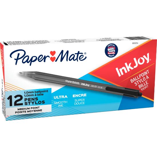 Picture of Paper Mate InkJoy 100 RT Pens, Medium Point, 1.0 mm, Translucent Black Barrels, Black Ink, Pack Of 12