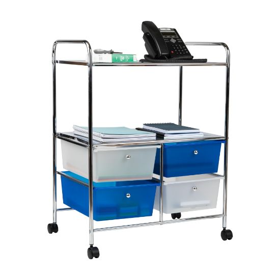 Picture of Mind Reader Rolling Cart 2-Tier/4-Drawer Craft Storage Metal and Plastic Utility Cart, 32inH x 15inW x 24-1/4inD, Blue and Silver