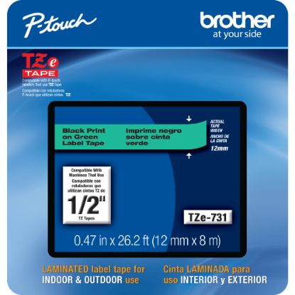 Picture of Brother TZE731CS Genuine P-Touch Laminated Label Tape, 1/2in x 26-1/4ft, Black/Green