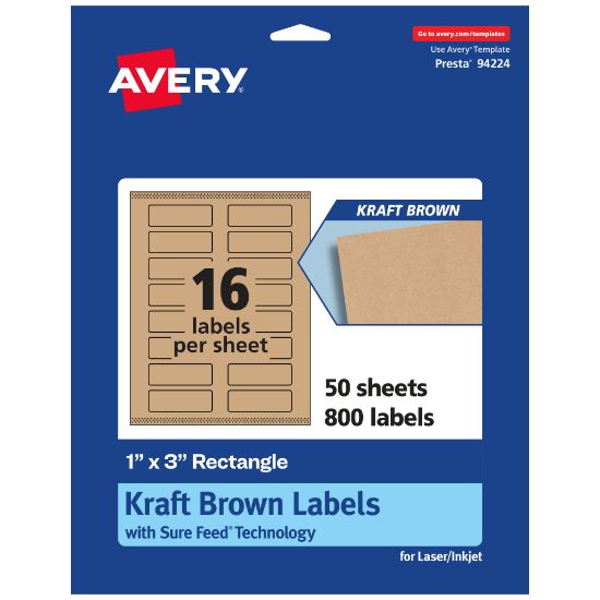 Picture of Avery Kraft Permanent Labels With Sure Feed, 94224-KMP50, Rectangle, 1in x 3in, Brown, Pack Of 800