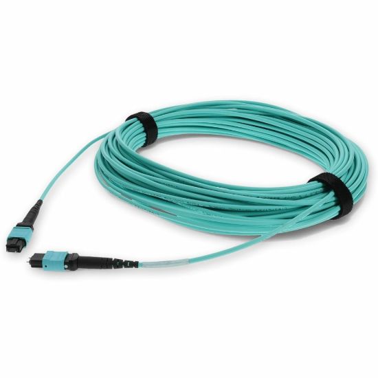 Picture of AddOn 30m MPO (Male) to MPO (Male) 12-Strand Aqua OM4 Crossover Fiber OFNR (Riser-Rated) Patch Cable - 100% compatible and guaranteed to work