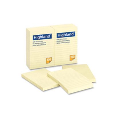 Picture of Highland Self-stick Lined Notes - 1200 - 4in x 6in - Rectangle - 100 Sheets per Pad - Ruled - Yellow - Paper - Self-adhesive - 12 Pad