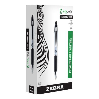 Picture of Zebra Pen Z-Grip Max Retractable Ballpoint Pens, Pack Of 12, Medium Point, 1.0 mm, Silver Barrel, Black Ink