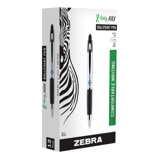 Picture of Zebra Pen Z-Grip Max Retractable Ballpoint Pens, Pack Of 12, Medium Point, 1.0 mm, Silver Barrel, Black Ink