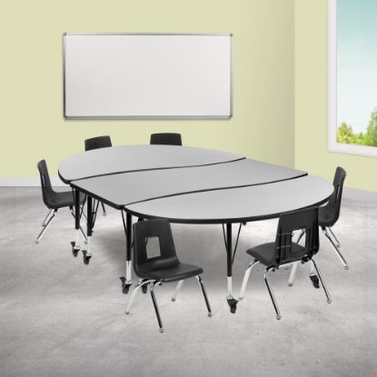 Picture of Flash Furniture Mobile 86in Oval Wave Flexible Laminate Activity Table Set With 12in Student Stack Chairs, Gray