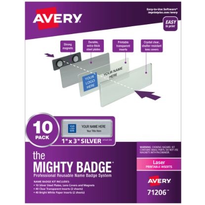 Picture of Avery The Mighty Badge Magnetic Badges For Laser Printers, 1in x 3in, Silver, Pack Of 10 Badges