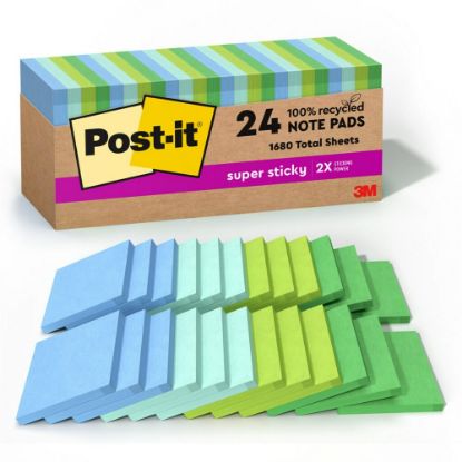 Picture of Post-it Recycled Super Sticky Notes, 3 in x 3 in, 24 Pads, 70 Sheets/Pad, 2x the Sticking Power, Oasis Collection, 100% Recycled