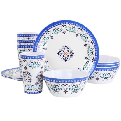 Picture of Gibson Everyday Alhambra Blues 12-Piece Melamine Dinnerware Set, Blue/White