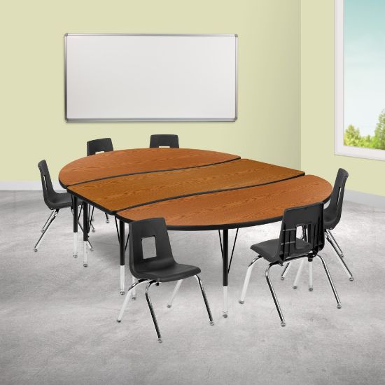 Picture of Flash Furniture 86in Oval Wave Flexible Laminate Activity Table Set With 14in Student Stack Chairs, Oak