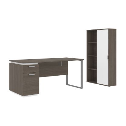 Picture of Bestar Aquarius 66inW Computer Desk With Single Pedestal And Storage Cabinet, Bark Gray/White