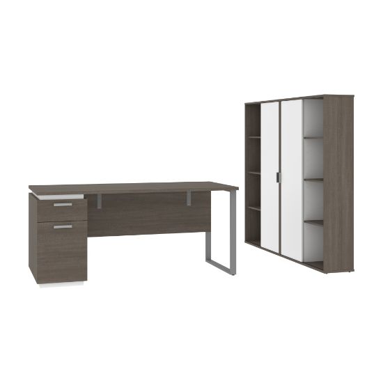 Picture of Bestar Aquarius 66inW Computer Desk With Single Pedestal And 2 Storage Cabinets, Bark Gray/White