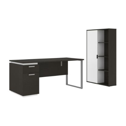 Picture of Bestar Aquarius 66inW Computer Desk With Single Pedestal And Storage Cabinet, Deep Gray And White