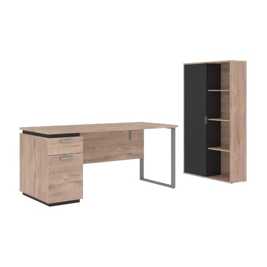 Picture of Bestar Aquarius 66inW Computer Desk With Single Pedestal And Storage Cabinet, Rustic Brown/Graphite