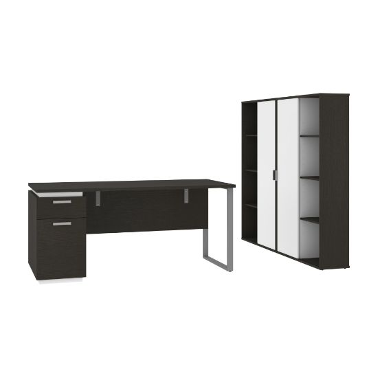 Picture of Bestar Aquarius 66inW Computer Desk With Single Pedestal And 2 Storage Cabinets, Deep Gray/White