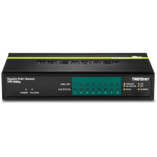 Picture of TRENDnet 8-Port GREENnet Gigabit PoE+ Switch, Supports PoE And PoE+ Devices, 61W PoE Budget, 16Gbps Switching Capacity, Data & Power Via Ethernet To PoE Access Points & IP Cameras, Black, TPE-TG82G - 8-Port Gigabit PoE+ Switch