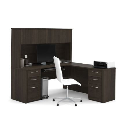 Picture of Bestar Embassy 72inW L-Shaped Corner Desk With Hutch And 2 Pedestals, Dark Chocolate