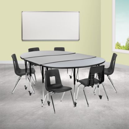 Picture of Flash Furniture Mobile 86in Oval Wave Flexible Laminate Activity Table Set With 16in Student Stack Chairs, Gray