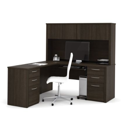 Picture of Bestar Embassy 66inW L-Shaped Corner Desk With 2 Pedestals And Hutch, Dark Chocolate