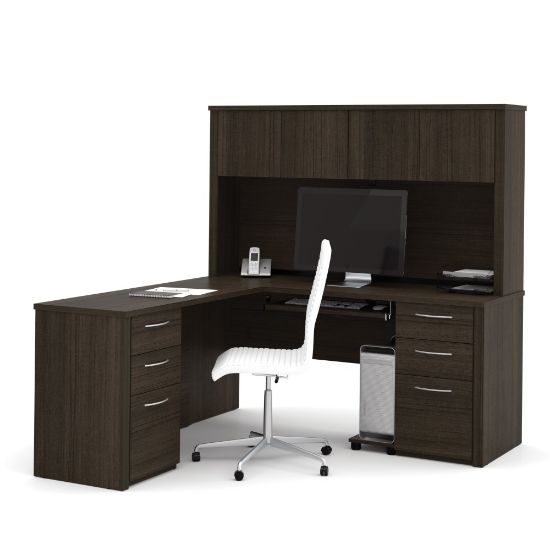 Picture of Bestar Embassy 66inW L-Shaped Corner Desk With 2 Pedestals And Hutch, Dark Chocolate