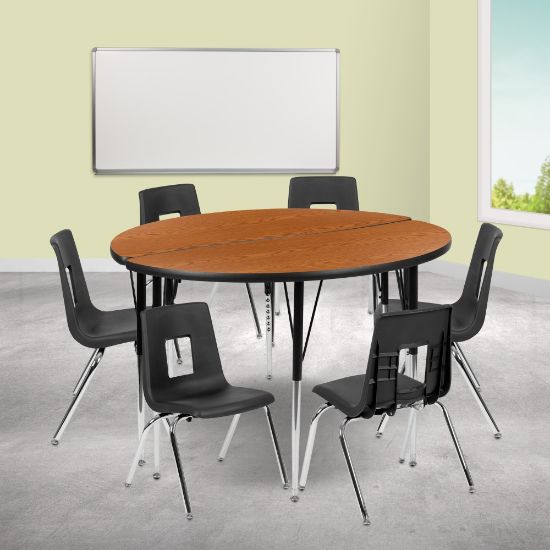 Picture of Flash Furniture 47-1/2in Circle Wave Flexible Laminate Activity Table Set With 16in Student Stack Chairs, Oak/Black