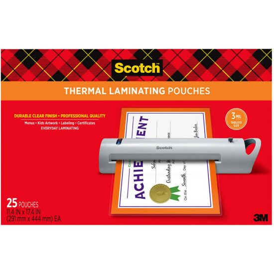 Picture of Scotch Thermal Laminating Pouches, 25 Laminating Sheets, 3 mil., Fits Menu Size (11.45 in x 17.48 in.) Paper