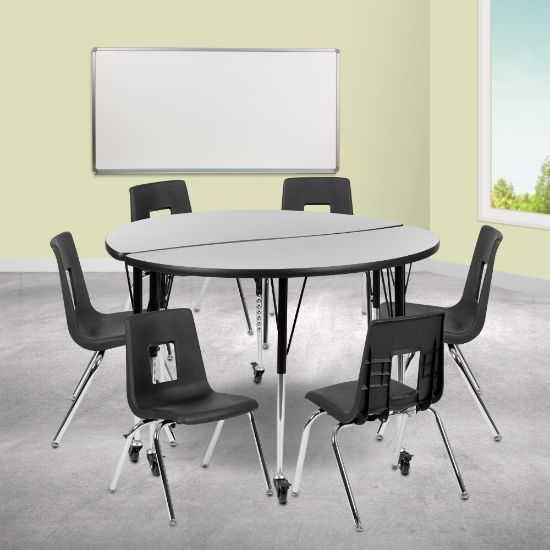 Picture of Flash Furniture Mobile 47-1/2in Circle Wave Flexible Laminate Activity Table Set With 16in Student Stack Chairs, Gray