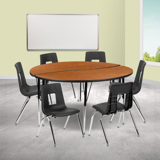 Picture of Flash Furniture 60in Circle Wave Flexible Laminate Activity Table Set With 16in Student Stack Chairs, Oak/Black