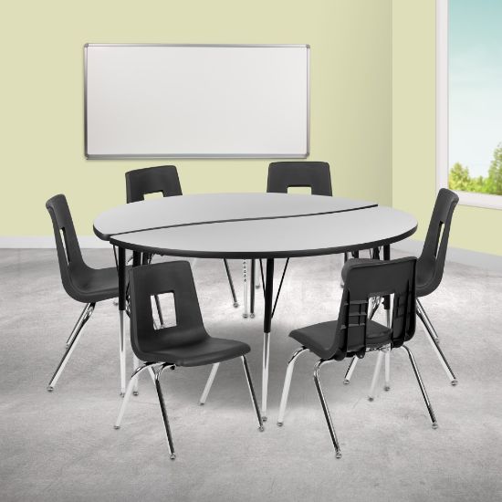 Picture of Flash Furniture 60in Circle Wave Flexible Laminate Activity Table Set With 16in Student Stack Chairs, Gray/Black