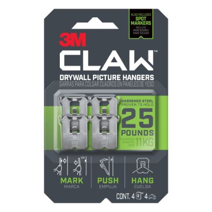 Picture of 3M CLAW Drywall Picture Hanger 25-lb Capacity, Pack of 4 Hangers, 4 Spot Markers