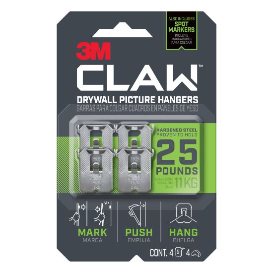 Picture of 3M CLAW Drywall Picture Hanger 25-lb Capacity, Pack of 4 Hangers, 4 Spot Markers