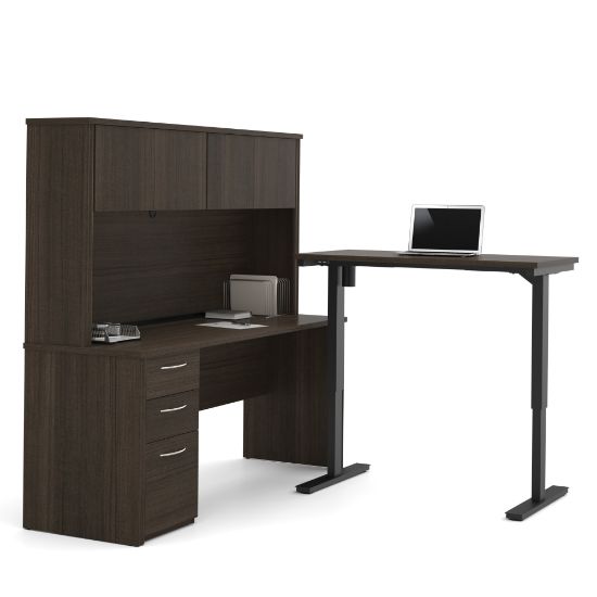 Picture of Bestar Embassy Electric 72inW Height-Adjustable Standing Desk And Desk With Hutch Set, Dark Chocolate