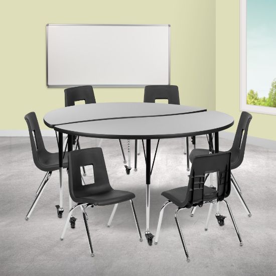 Picture of Flash Furniture Mobile 60in Circle Wave Flexible Laminate Activity Table Set With 16in Student Stack Chairs, Gray/Black