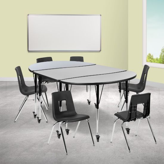 Picture of Flash Furniture Mobile 76in Oval Wave Flexible Laminate Activity Table Set With 18in Student Stack Chairs, Gray