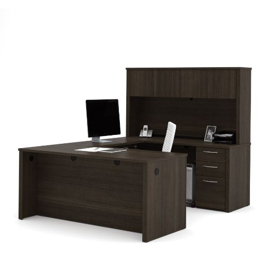 Picture of Bestar Embassy 66inW U-Shaped Executive Computer Desk With Pedestal And Hutch, Dark Chocolate