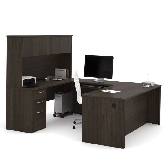 Picture of Bestar Embassy 72inW U-Shaped Executive Computer Desk With Pedestal And Hutch, Dark Chocolate