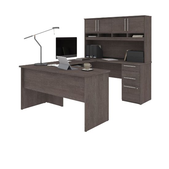 Picture of Bestar Innova 83inW U- Or L-Shaped Corner Desk With Hutch, Bark Gray