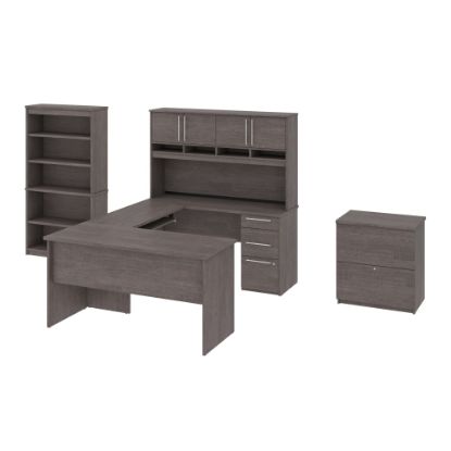 Picture of Bestar Innova U- or L-Shaped Desk With Hutch, Lateral File Cabinet and Bookcase, Bark Gray