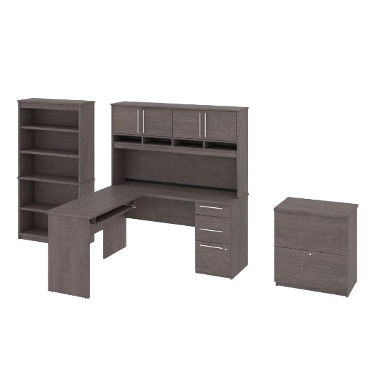 Picture of Bestar Innova U- Or L-Shaped Desk With Hutch, Lateral File Cabinet And Bookcase, Bark Gray