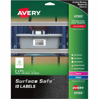 Picture of Avery Surface Safe ID Labels - Removable Adhesive - 2in Width x 3 1/2in Length - Rectangle - Laser, Inkjet - White - Polyester - 10 / Sheet - 25 Total Sheets - 250 / Pack