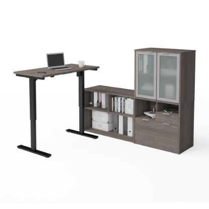 Picture of Bestar i3 Plus 72inW L-Shaped Standing Corner Desk And Hutch With Frosted Glass Doors, Bark Gray