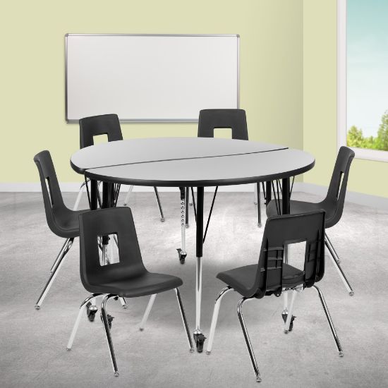 Picture of Flash Furniture Mobile 47-1/2in Circle Wave Flexible Laminate Activity Table Set With 18in Student Stack Chairs, Gray