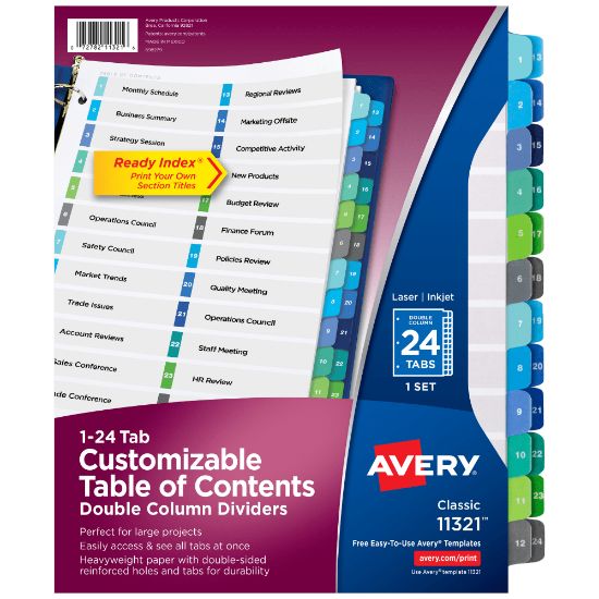 Picture of Avery Ready Index 1-24 Tab Double Column Binder Dividers With Customizable Table Of Contents, 8-1/2in x 11in, 24 Tab, White/Multicolor, 1 Set