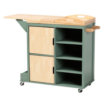 Picture of Baxton Studio Dorthy Kitchen Storage Cart, 37-3/16inH x 47-11/16inW, Dark Green/Natural