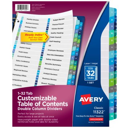 Picture of Avery Ready Index 1-32 Tab Double Column Binder Dividers With Customizable Table Of Contents, 8-1/2in x 11in, 32 Tab, White/Multicolor, 1 Set