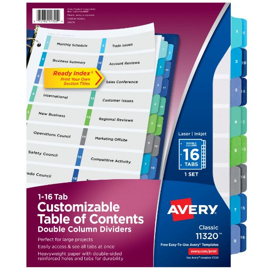 Picture of Avery Ready Index 1-16 Tab Double Column Binder Dividers With Customizable Table Of Contents, 8-1/2in x 11in, 16 Tab, White/Multicolor, 1 Set