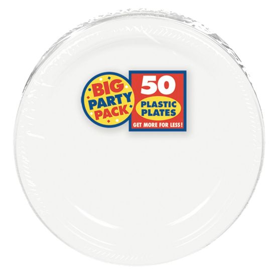 Picture of Amscan Plastic Dessert Plates, 7in, Frosty White, 50 Plates Per Big Party Pack, Set Of 2 Packs