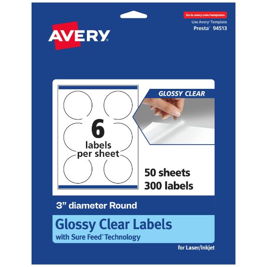 Picture of Avery Glossy Permanent Labels With Sure Feed, 94513-CGF50, Round, 3in Diameter, Clear, Pack Of 300